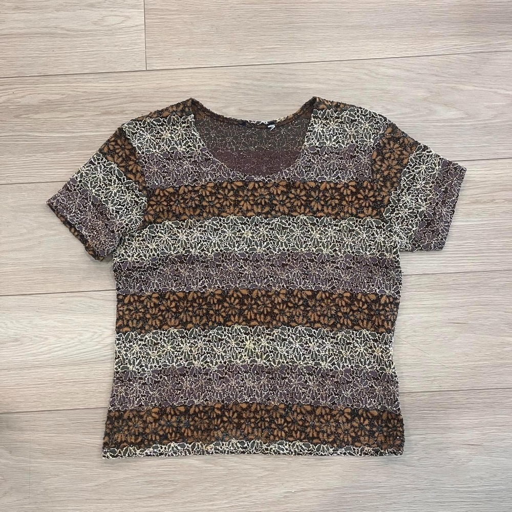 Vintage Brown Plum Floral Lace Texture Short Sleeve Top Women Medium Whimsygoth